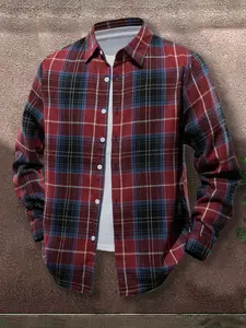 Men's Plaid Long Sleeve Button Down Shirt, Casual Fitted Woven Fabric, Fall & Winter Essential Outerwear, Comfortable Moderate Thick Cloth