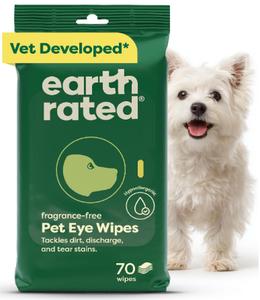 Earth Rated | Vet-Developed Dog Eye Wipes, Hypoallergenic Pet Wipes for Dogs & Cats to Remove Dirt & Discharge, Fragrance Free, 70 Count