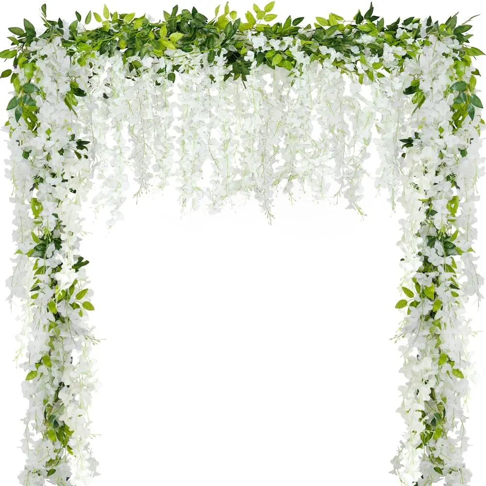 4pcs Wisteria Artificial Flowers Garland, 7.2Ft/Piece Wisteria Hanging Flowers Garland for Wedding Arch Decoration Outdoor Ceremony Home Backdrop Garden (Pink,White)