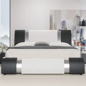 Modern Queen/King Faux Leather Bed Frame With Iron Pieces Decor, Low Profile Platform Bed With Height-Adjustable Headboard, Solid Wood Slat Support, No Box Spring Needed, Black/White/Black&White outdoorfun