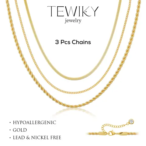 Tewiky 14K Gold Plated Neclace For Women Jewelry Minimalist Fashionable Necklaces Herringbone 3 Pcs for Women,Dainty Snake Chain Choker Necklaces Simple beautiful Jewelry Gift for Women,Valentine's Day Gift