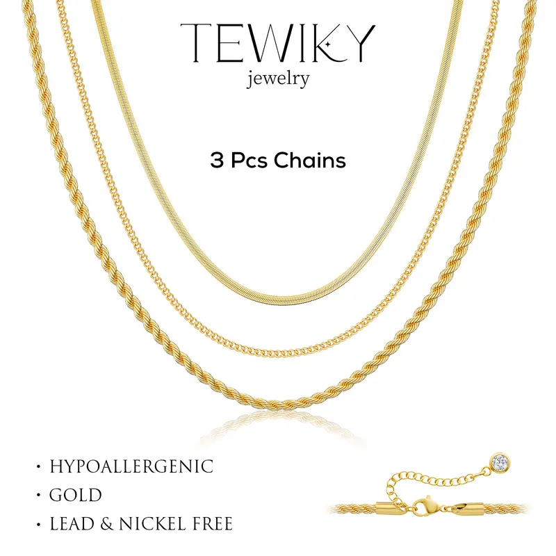 Tewiky 14K Gold Plated Neclace For Women Jewelry Minimalist Fashionable Necklaces Herringbone 3 Pcs for Women,Dainty Snake Chain Choker Necklaces Simple beautiful Jewelry Gift for Women,Valentine's Day Gift