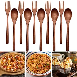 10pcs set Wooden Spoons Forks Set Wooden Utensils for Eating Wood Dinner Utensil Set Reusable Flatware Tableware Handmade Natural Cutlery Includes Spoon Fork for Cooking Eating Kitchen