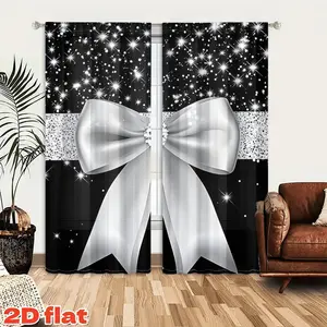 2D Flat 2Pcs Black and White Silver Sparkle Bow Pattern Window Curtain Panel, Rod Pocket Style, Semi Sunshade Polyester Fiber, for Home Living Room Bedroom Balcony Kitchen Study Decor, Anti Privacy Holiday Decoration .