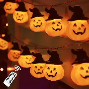 Halloween Pumpkin String Lights with Witch Hat, 20 LED 16.4FT 8 Modes Timer 3D Waterproof Orange Jack-O-Lantern Battery Operated Flickering Lights