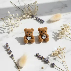 Cute Teddy Bear Stud Earrings for Women - Flocked Brown Bear Hugging Heart Zirconia Earrings - Kawaii Animal Earrings Gift