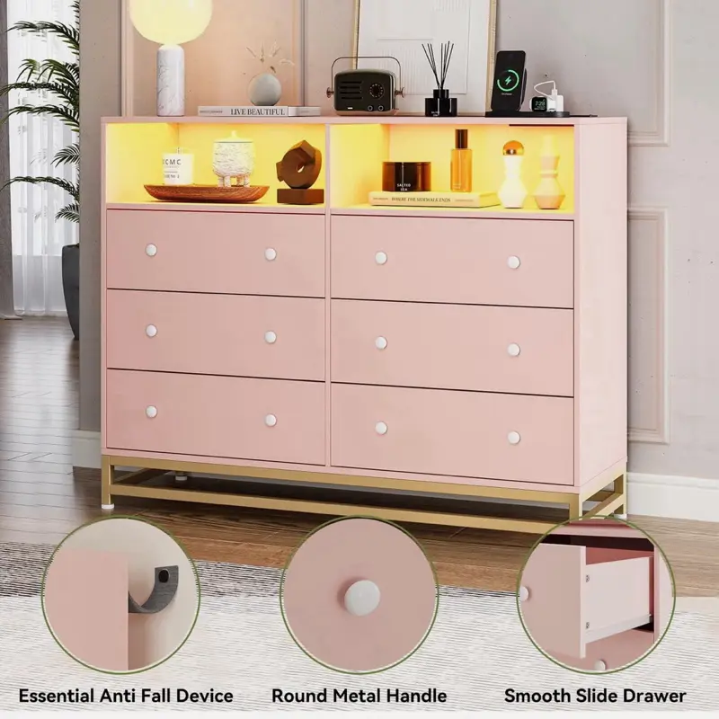 6 Drawer Double Dresser with LED Lights Chest of Drawers for Bedroom, Hallway