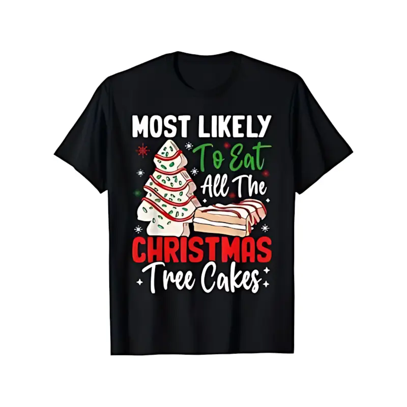 Oversized Christmas Tree Cakes Graphic T-Shirt, Crew Neck Short-Sleeve Tee - Casual Layer-Friendly Holiday "Most Likely To" Humor Top, Funny Men's Gift, Jacket-Compatible Apparel