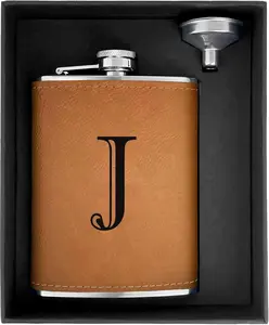 CARAKNOTS Hip Flasks for Liquor for Men Leather Drinking Whiskey Flask with Initials Engraved Stainless Steel with Funnel 8oz Groomsmen Gifts Personalized Christmas Birthday Gifts for Him Dad Letter J