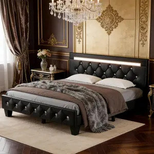 Queen Size Bed Frame with LED Light and Charging Station, Faux Leather Upholstered Platform Bed with Handcrafted Crystal Button Adjustable Headboard, No Box Spring Needed, Solid Wooden Slats, Black