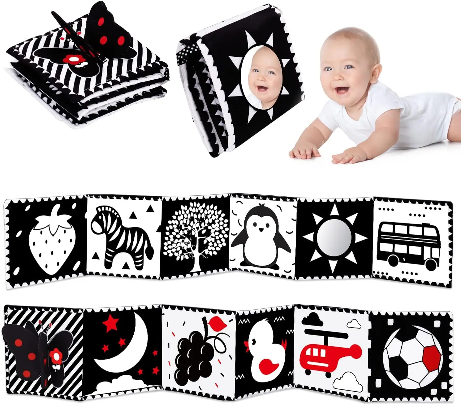 Black and White High Contrast Baby Toys 0-6 6-12 Months Soft Book for Newborn Brain Development Tummy Time Toys Infant Sensory Crinkle Toys 0-3 3-6 Mo