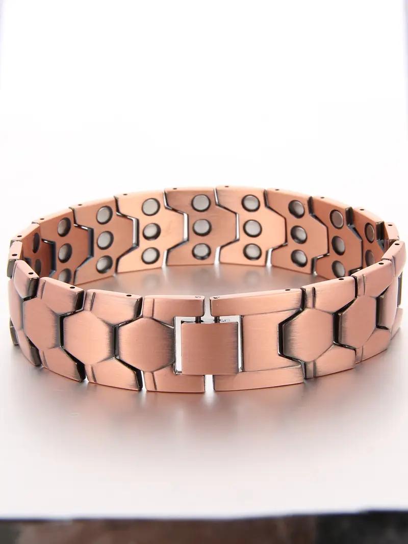Red copper hexagonal mosaic style men's magnetized germanium element health bracelet, with strong magnets and magnetic therapy for health benefits. It is paired with a closed-style clasp, featuring a tough and business-appearing yet casual style.