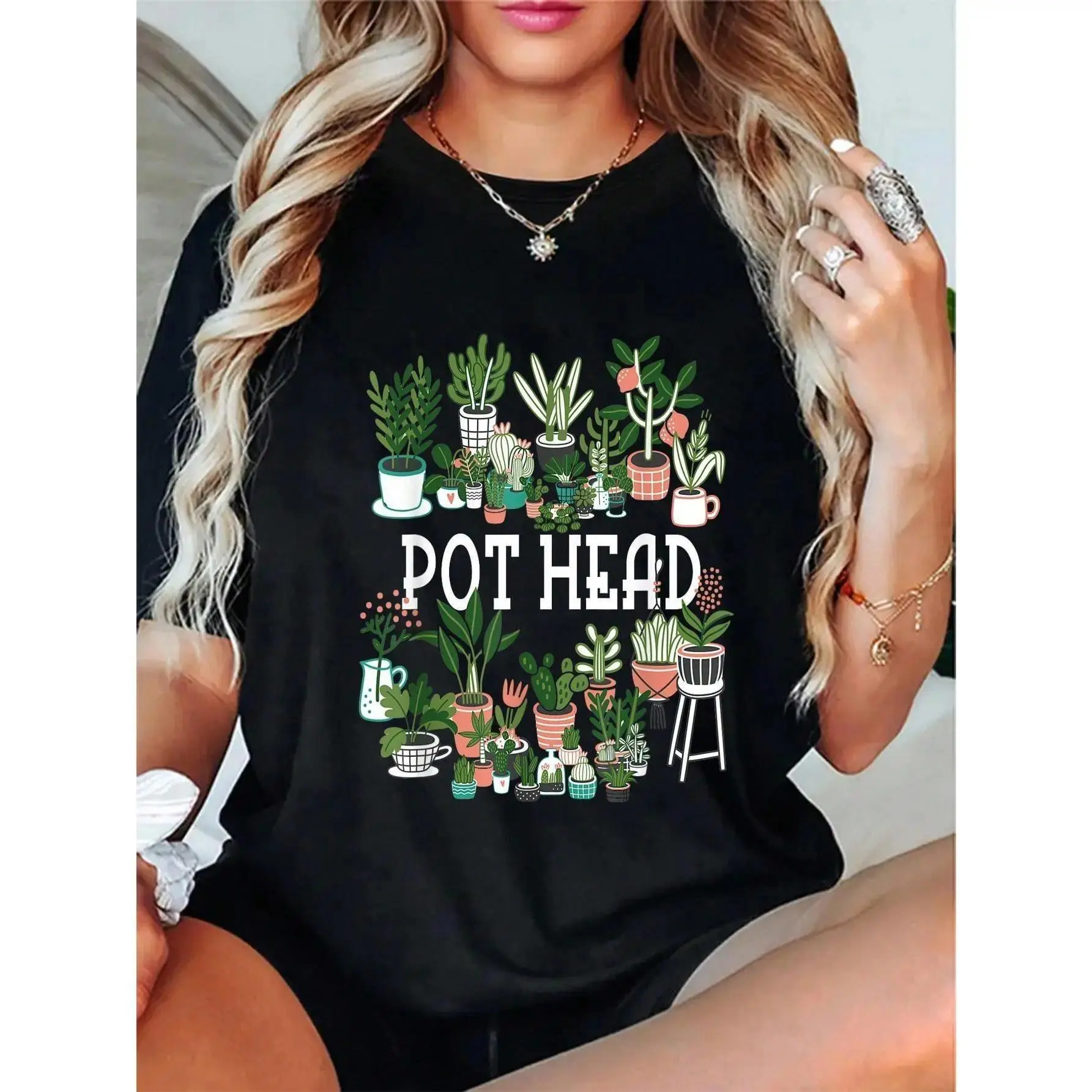 Men's Graphic Round Neck Shortsleeve T-Shirt - Breathable Fabric, Plant Lover Gardener Pot Head Outfits, Casual Streetwear, Solid, Soft, Print, Piece, Cotton, Everyday, Regular Fit, Premium Cotton, Double Stitching