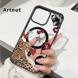 Leopard Kiss Cherry Pattern Magnetic Phone Case for iPhone 17 Pro Max 16 Plus 15 14 13 12 11 Air E  Non-Yellowing Clear Crystal Drop-Proof Slim Silicone Shockproof Transparent Acrylic Cover Supports Wireless Charging.