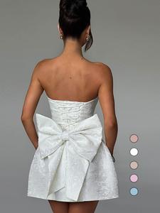 women's floral pattern lace up bow back tube dress, elegant strapless a line short dress for party holiday wedding guest, ladies summer clothes