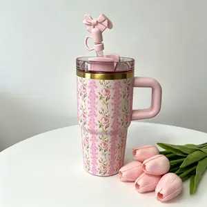 40oz Portable Vacuum Insulated Flask with Handle - Blossom Design Iced Coffee Tumbler