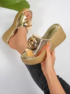 Women's Fashionable Metallic Decorated Thick Platform Sandals, Casual Comfortable Wedge Sandals for Beach, Outdoor, Daily Wear, Walking Shoes