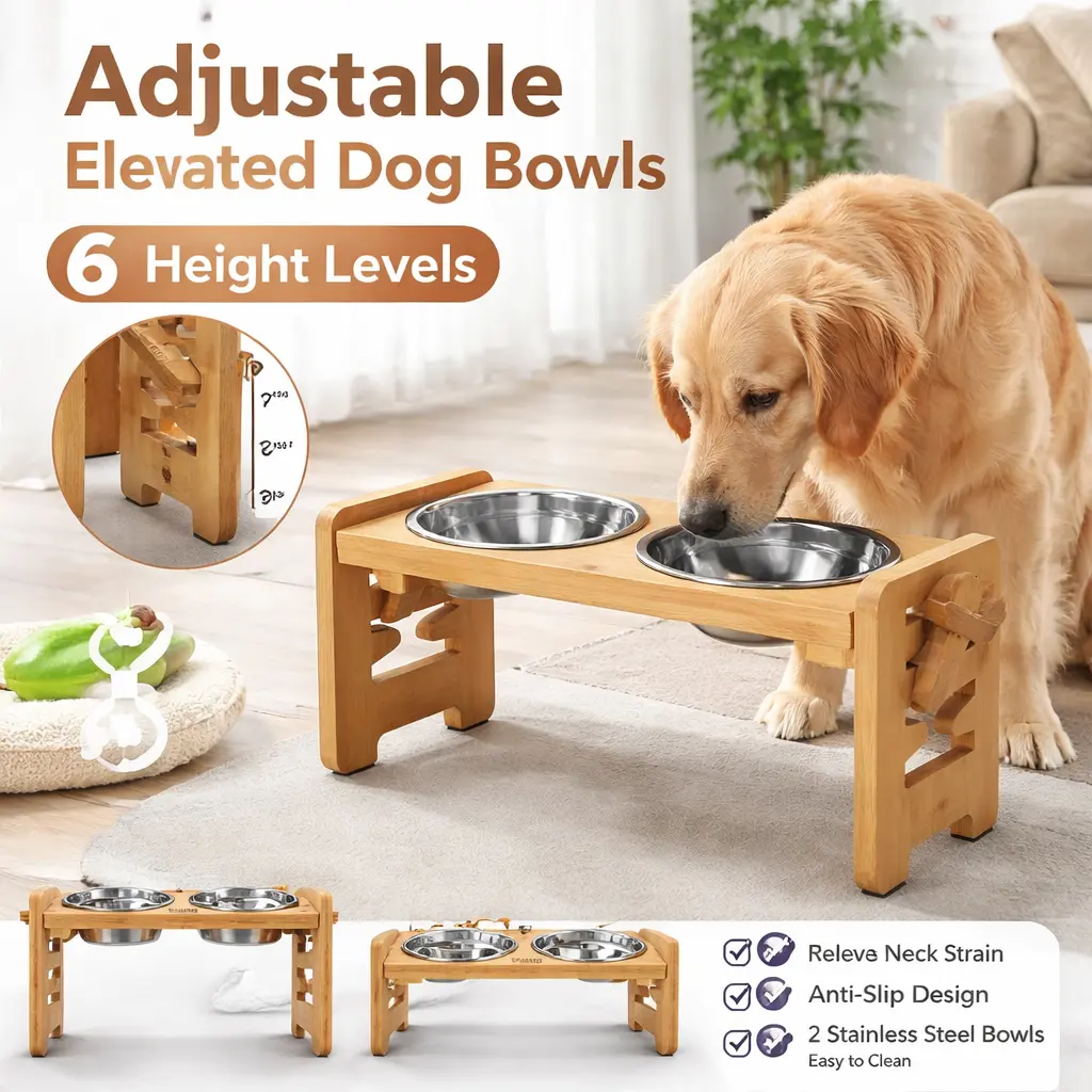 Adjustable Elevated Dog Bowls Set - 6 Height Levels Natural Bamboo Raised Pet Feeder Stand, Set of 2 Stainless Steel Bowls, Sturdy Ergonomic Station for Small Puppies to Aid Digestion & Comfort, Set Of 2 Bowls