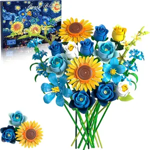 Blue Rose Sunflowers Bouquet Artificial Bouquets Mixed Flower Building Set 832 PCS, Starry Night and Sunflowers Style, DIY Artificial Botanical Collection for Adults Women,Christmas Mother's Day Valentine's Gifts Home Decor
