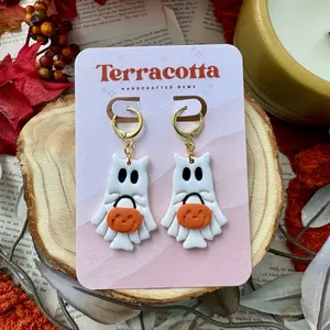 Ghost Cat Polymer Clay Earrings - Halloween & Fall Foliage Earrings