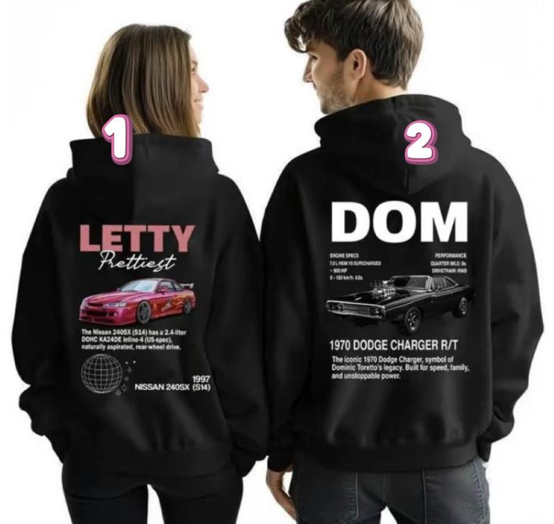 Letty And Dom Car Lover Couple Two-Sided Matching Hoodie, Unisex Matching Couple Hoodie Inspired By Cars Movie, His And Her Hoodie, Husband And Wife Gift, Cozy Couple Hoodie For Fans Of Speed And Romance