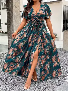 Elegant Chic Turquoise Bohemian Print Long Dress, Cross Neckline, A-Line Hem, Suitable for Formal Events, Evening Parties, Women's High-End Floral Dress, Spring, Womenswear