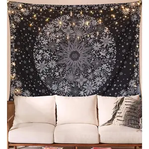 Bohemian Tapestry Wall Hanging, Black and White Floral Tapestry with Dotted Daisy Medallion Print Bedroom Boho Hippie Home Decor, 50x60 inches