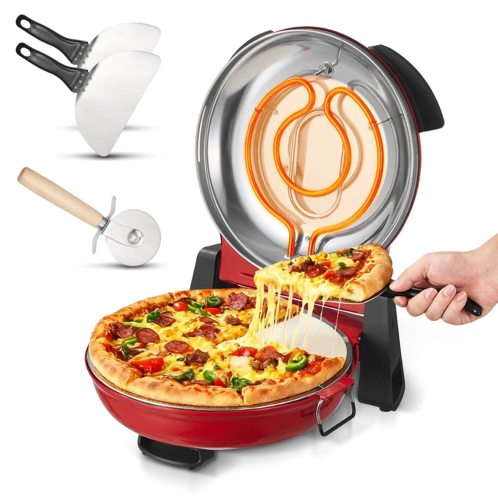 【DealsForYouDays】VEVOR Pizza Oven, 12 in Electric Pizza Maker, 1200W Electric Pizzas Cooker with Cordierite Stone, 5-Mode Temperature Control, Viewing Window for Precise Cooking, Heats up to 788 ˚F, for Home (Red) Home Appliances