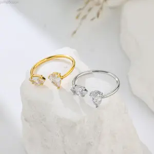 Dainty Pear Cut Zircon Open Cuff Rings, Hypoallergenic Stainless Steel Adjustable Band, Gold Silver Plated Minimalist Stackable Jewelry for Women Daily Wear