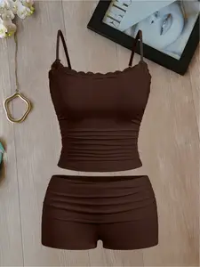 Women's Solid Contrast Lace Crop Cami Top & Ruched Skinny Shorts Two-piece Set, Casual Minimalist Basic Sleeveless Spaghetti Strap Top & Shorts for Summer, Ladies Clothes for Daily Wear, Womenswear