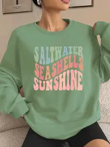 Women's Letter Print Drop Shoulder Sweatshirt, Casual Long Sleeve Round Neck Pullover for Fall & Winter, Women's Clothes for Daily Wear