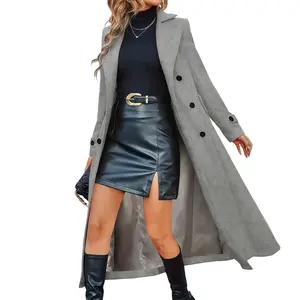 Women’s winter solid double-breasted wool coat with lapels and double buttons; elegant long-sleeve long coat for women; women’s clothing for autumn and winter; womenswear-style jackets