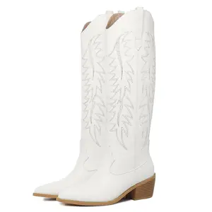 Cowgirl Cowboy Boots Womens Embroidery Stacked Chunky Heel Western Boots