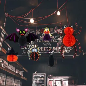 Hot Selling Halloween Scene Decor Honeycomb Ball Pendant Set, Witch Bat Spider Cat Pumpkin Props, Vintage Window Display Decoration Kit
