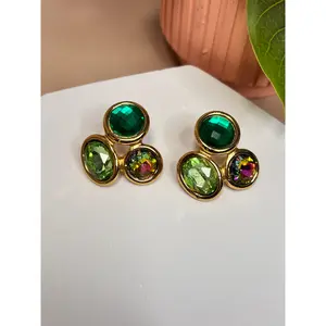 Tsavorite Earrings - Stainless Steel - Green Gems and Golden border