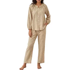 Womens Gingham Pajama Set 2 Piece Cotton Plaid Raglan Sleeve Button Top Straight Leg Pants Pjs Y2K Lounge Set Sleepwear