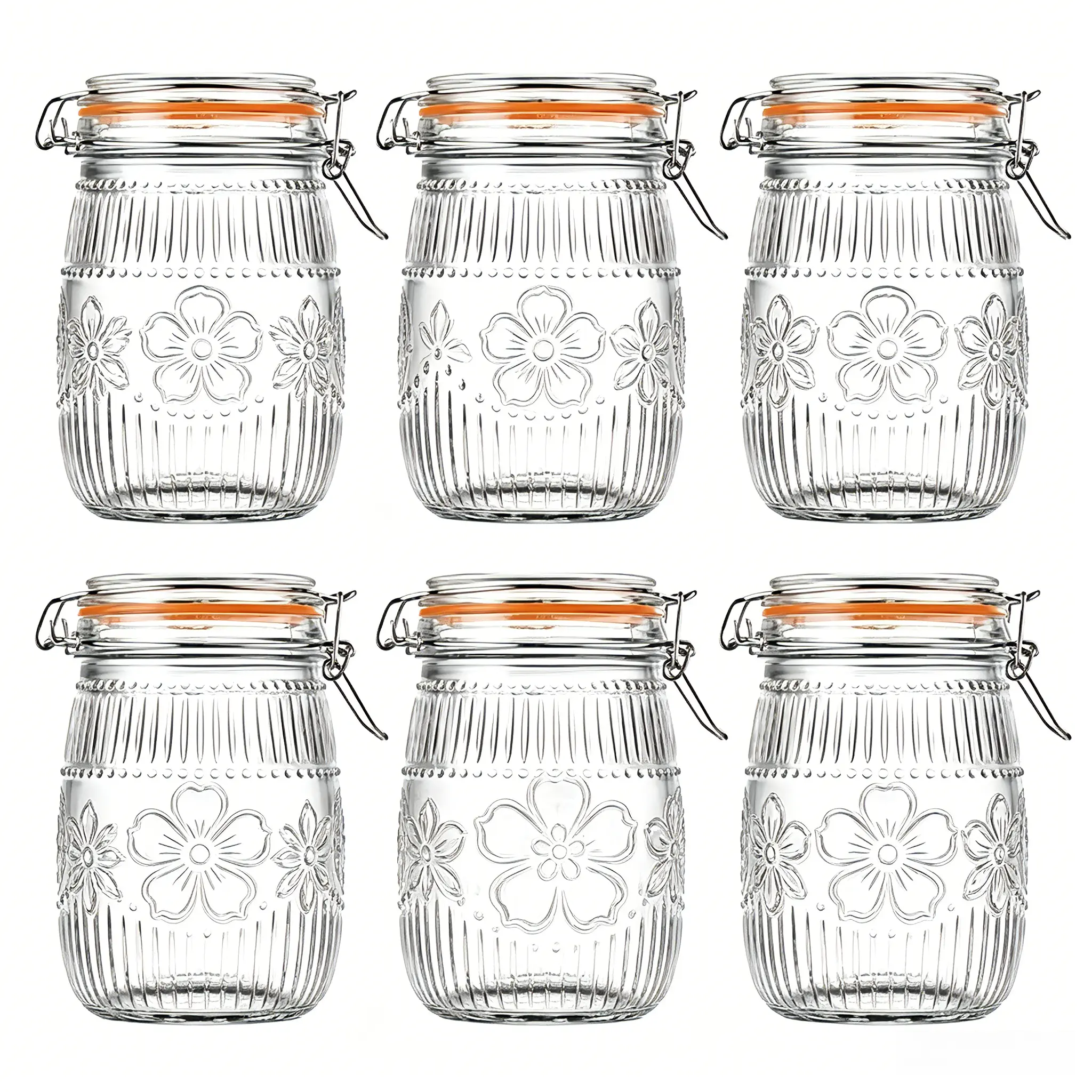 6-Pack 32oz (900ml) BPA-Free Retro Wide Mouth Airtight Kitchen Glass Mason Jars Set, Food-Grade Sturdy Dishwasher-Safe Silicone-Sealed Containers with Vintage Clamp Lids, for Coffee Station, Pantry Storage, Free Sticker + Small Brush Gift