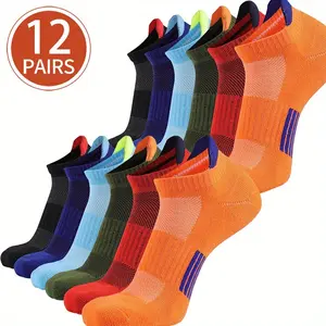 12Pairs Low Cut Sports Socks, Towel Bottom Anti Slip Shock Absorption Relaxation, Moisture Wicking, Breathable Quick Drying Basketball Training Socks, Suitable for Travel, Couple Training, Parent-child Activities