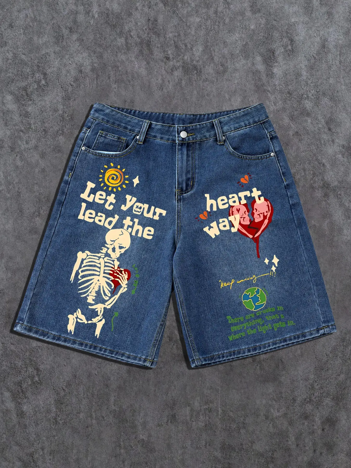 Men's Casual Denim Shorts, Asymmetric Skull Heart Print, High Waist, Loose-Fitting, Soft Jean Fabric, Vintage Graffiti Style