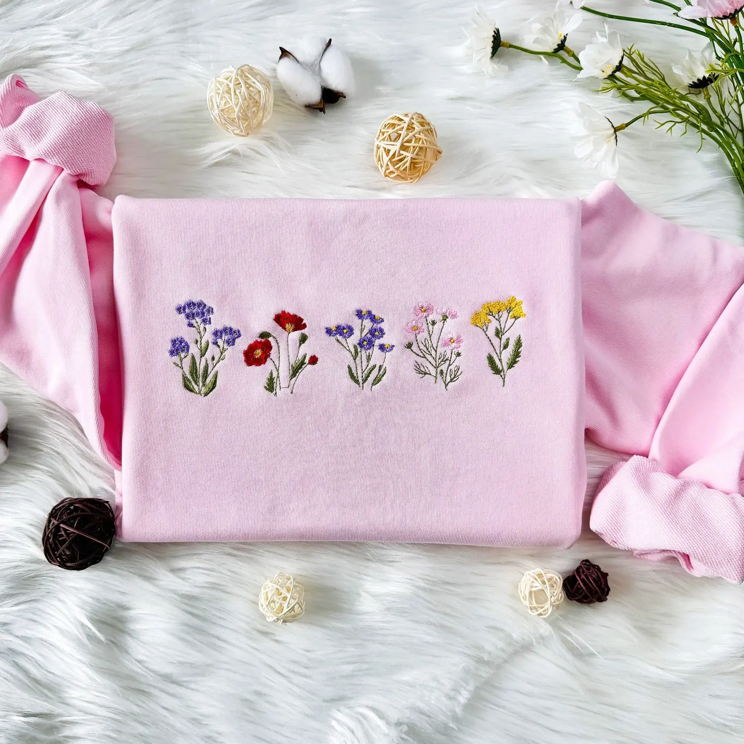 Cute Flower Embroidered Sweatshirt | Wildflower Embroidered Hoodie | Lavender T-shirt | Cute Embroidered Flower Crew Neck Sweatshirt 37
