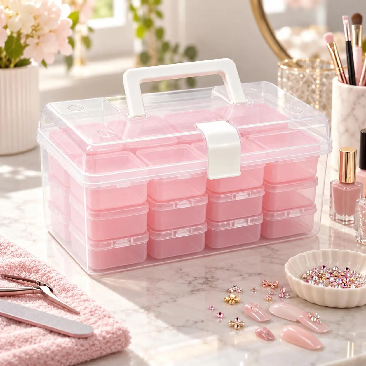 32-Grid PP Plastic Storage Box Equipped With 32 Individual Detachable Hinged Mini Containers,Transparent Portable Bead Organizer Case For DIY Seed Beads,Craft Charms,Nail Decorations,Jewelry Findings,Bracelet Making Components