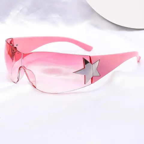 Women's Y2k Star Design Wraparound Frame Sunglasses, Trendy Casual Rimless Sunglasses for Everyday Use, Fashion Accessories for Outdoor Activities, Futuristic Sunglasses, Modern Trendy Sunglasses, Trendy Streetwear Sunglasses, Fashionable Sunglasses