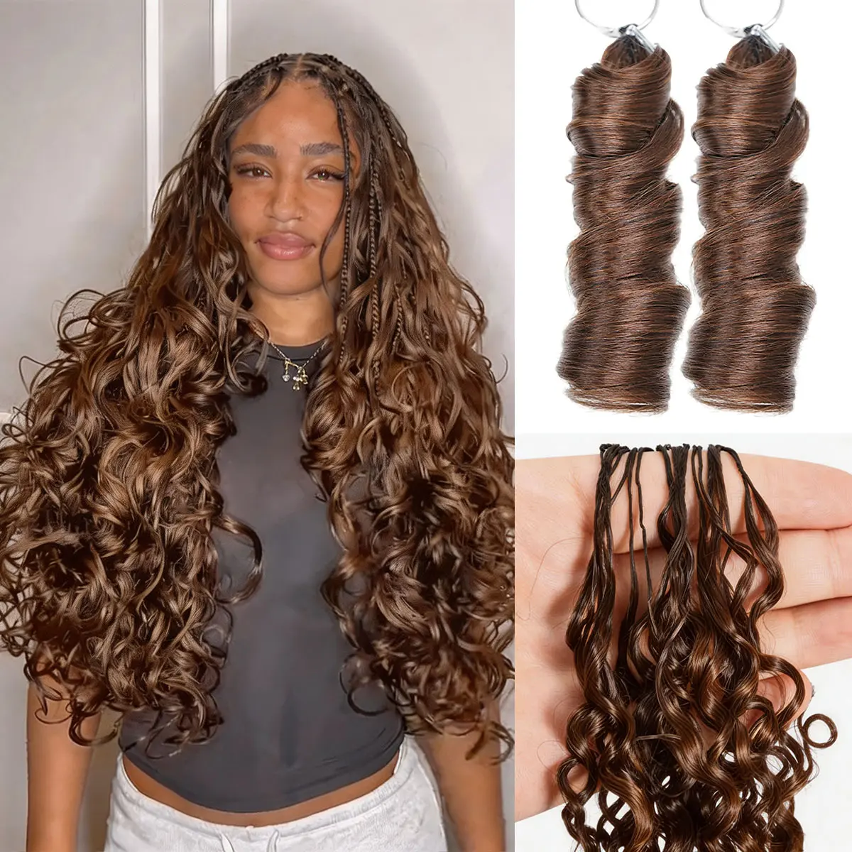 OQ HAIR #4 Brown French Curl Miracle Knots Crochet Human Hair 50g/pack Pre-Separated Knotless Feather Crochet Human Hair Bundles Boho Braids Crochet Hair