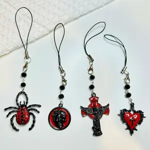 Gothic Phone Charm Red Black Spider Skull Cross Heart Punk Y2K Accessory for Stylish Outfits