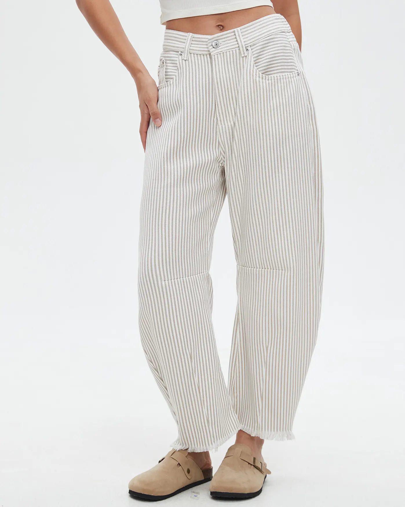 Women's High Waisted Stripe Barrel Pants, Baggy Bottoms with Raw Hem & Elastic Back Waist, Gorgeous Everyday Style Pairable with Tank Top & Matching Top