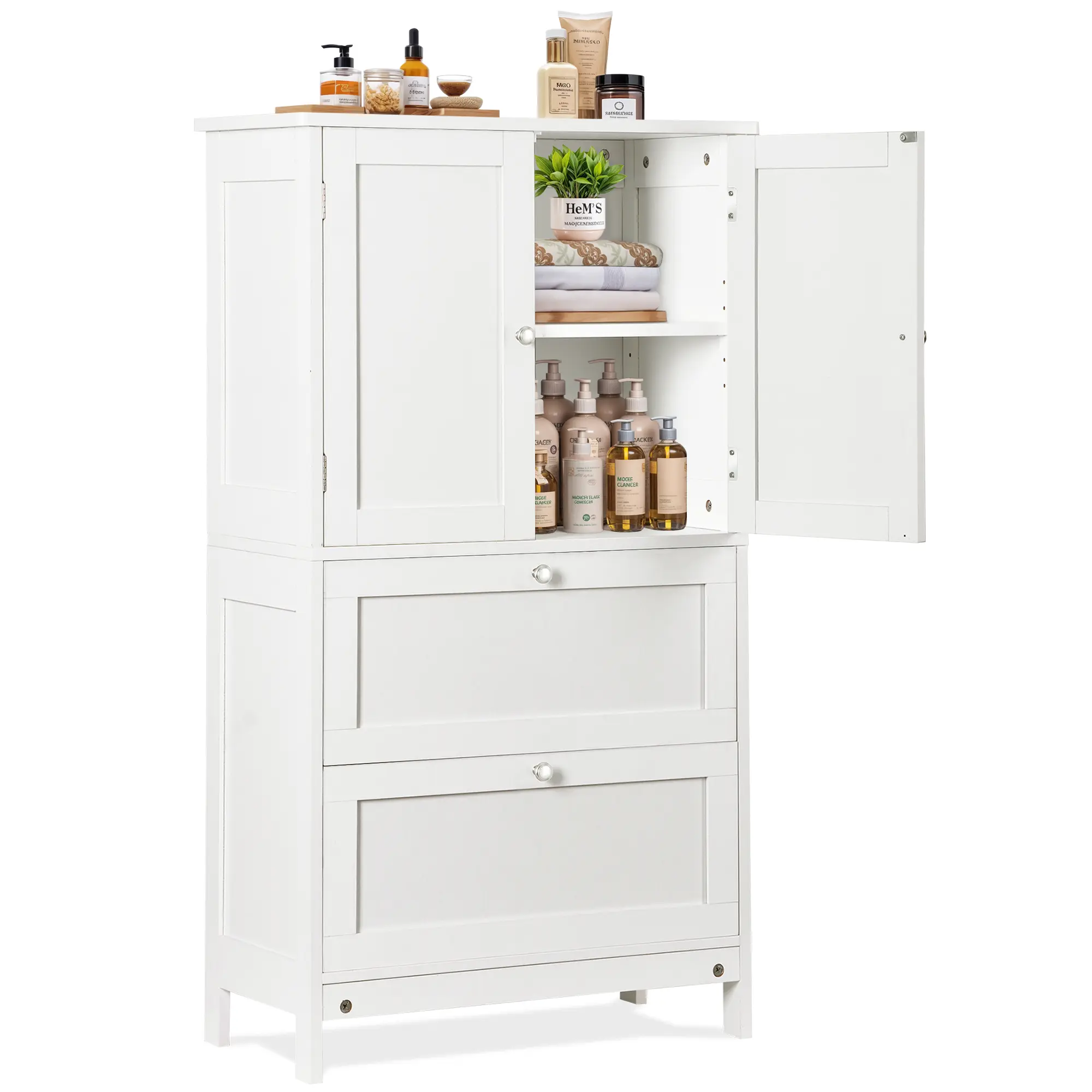 Segawe Freestanding Cupboard - White Freestanding Bathroom Floor MDF Furniture with 2 Drawers, 2 Doors, Adjustable Inner Shelf, Decorative Panel, Anti-Tip Safe, Quick Set-Up, Wall Anchored for Storage Organization,summerwins,dorm essentials,home decor