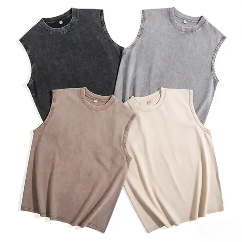 Men's 100% Pure Cotton Vintage Acid Washed Plain Sleeveless Tank Top - Street Style Workout Gym Top, Shrink-Resistant, Worn-In Retro Classic, Breathable, Moisture-Wicking, Oversized Loose Casual Fit, Day Wear