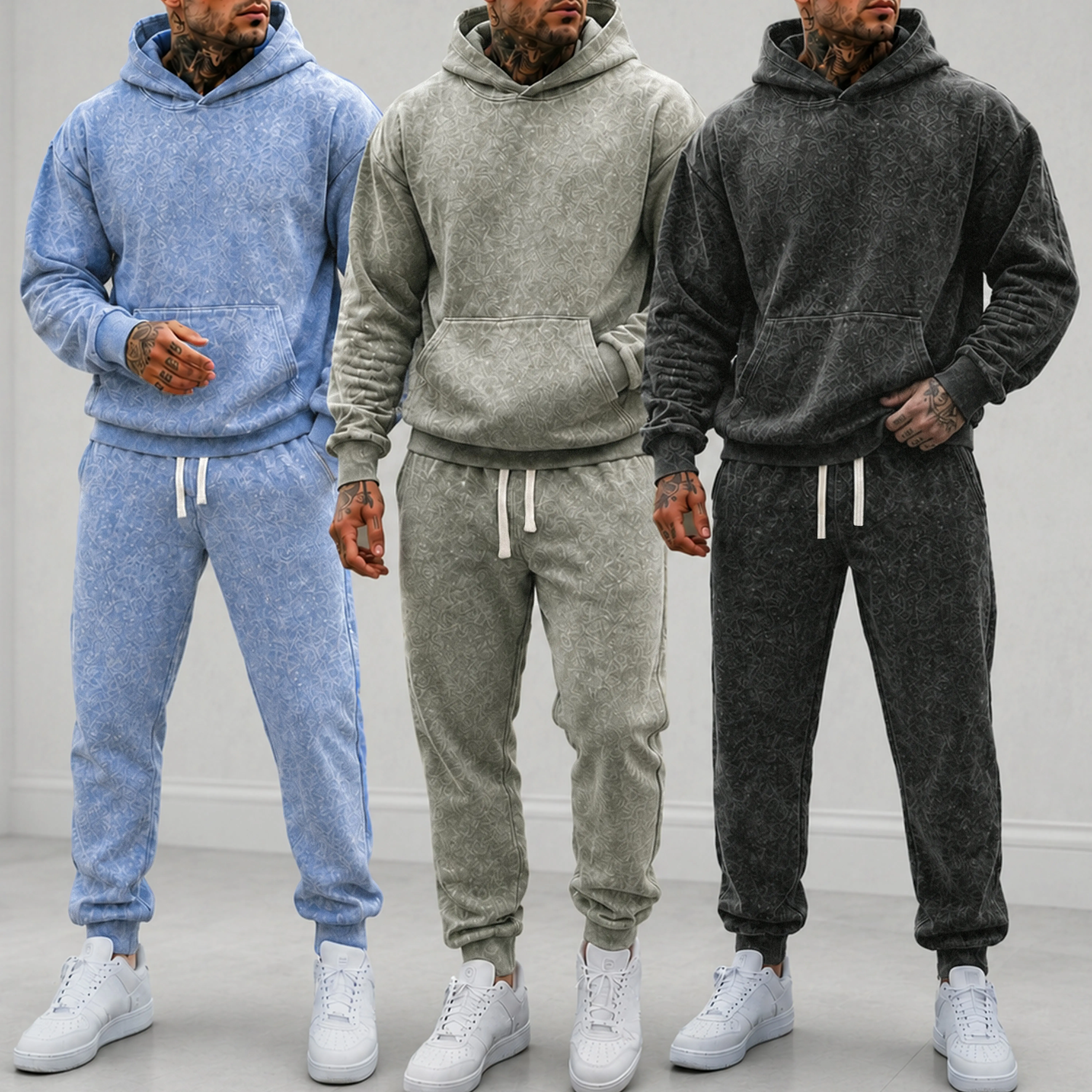 Men's 2 Piece Hoodie & Jogger Set, Vintage Acid Wash Midweight French Terry Sweatsuit, Relaxed Fit Streetwear Tracksuit for Fall Winter Casual Lounge, Gift for Boyfriend Breathable Classic Menswear Stylish Clothes Top Pants Loungewear Fashion Outdoor Y2K