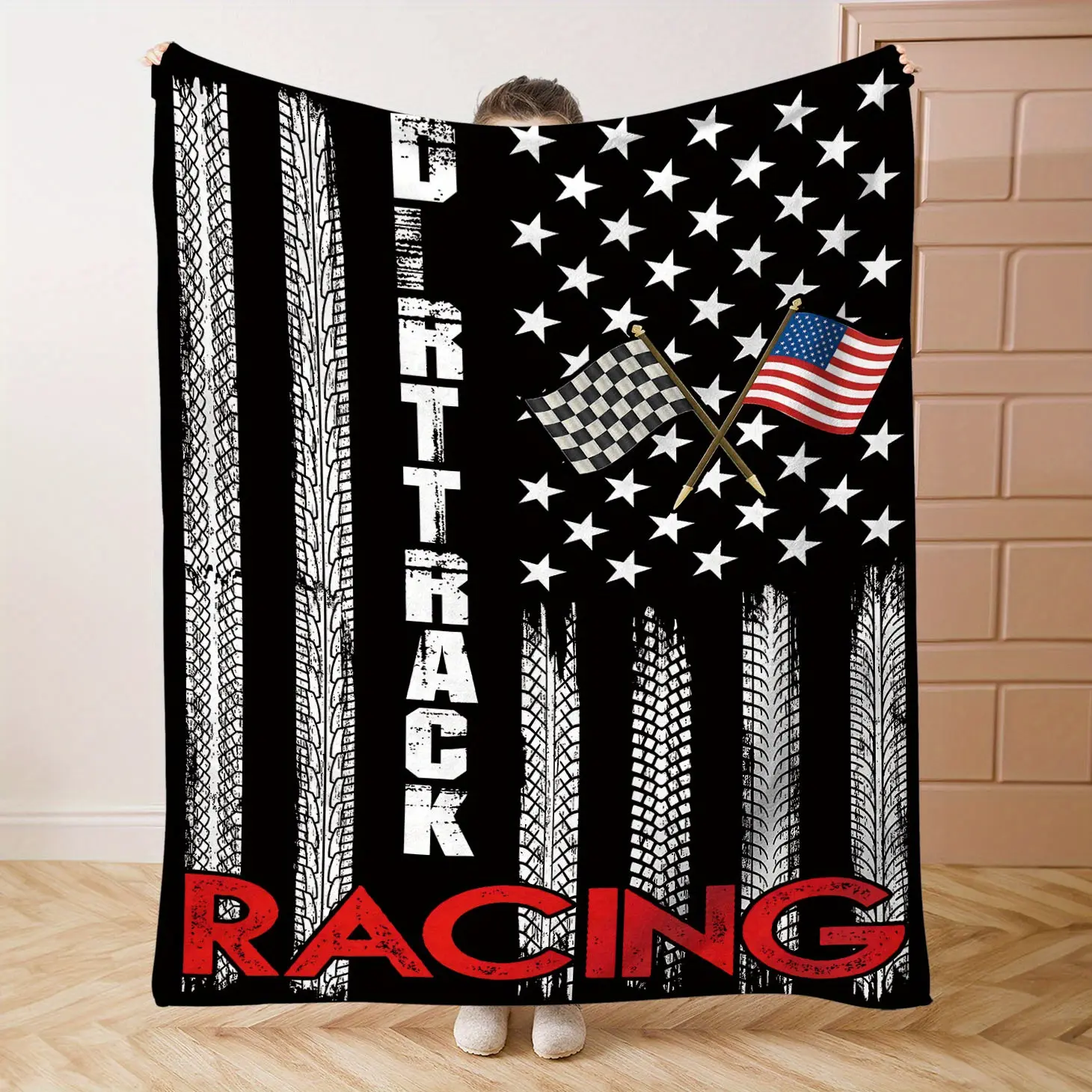 Knitted Polyester Flannel Cozy Throw Blanket - Dirt Track, American Flag, Checkered Flag Digital Print, Soft Fluffy, All-Season Soft Furnishings Bedding Linen, Soft Fluffy Blanket
