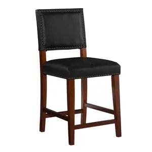 24" Brook Padded Back Faux Leather Nailhead Counter Height Barstool Black - Linon: Cherry-Stained Legs, Footrails